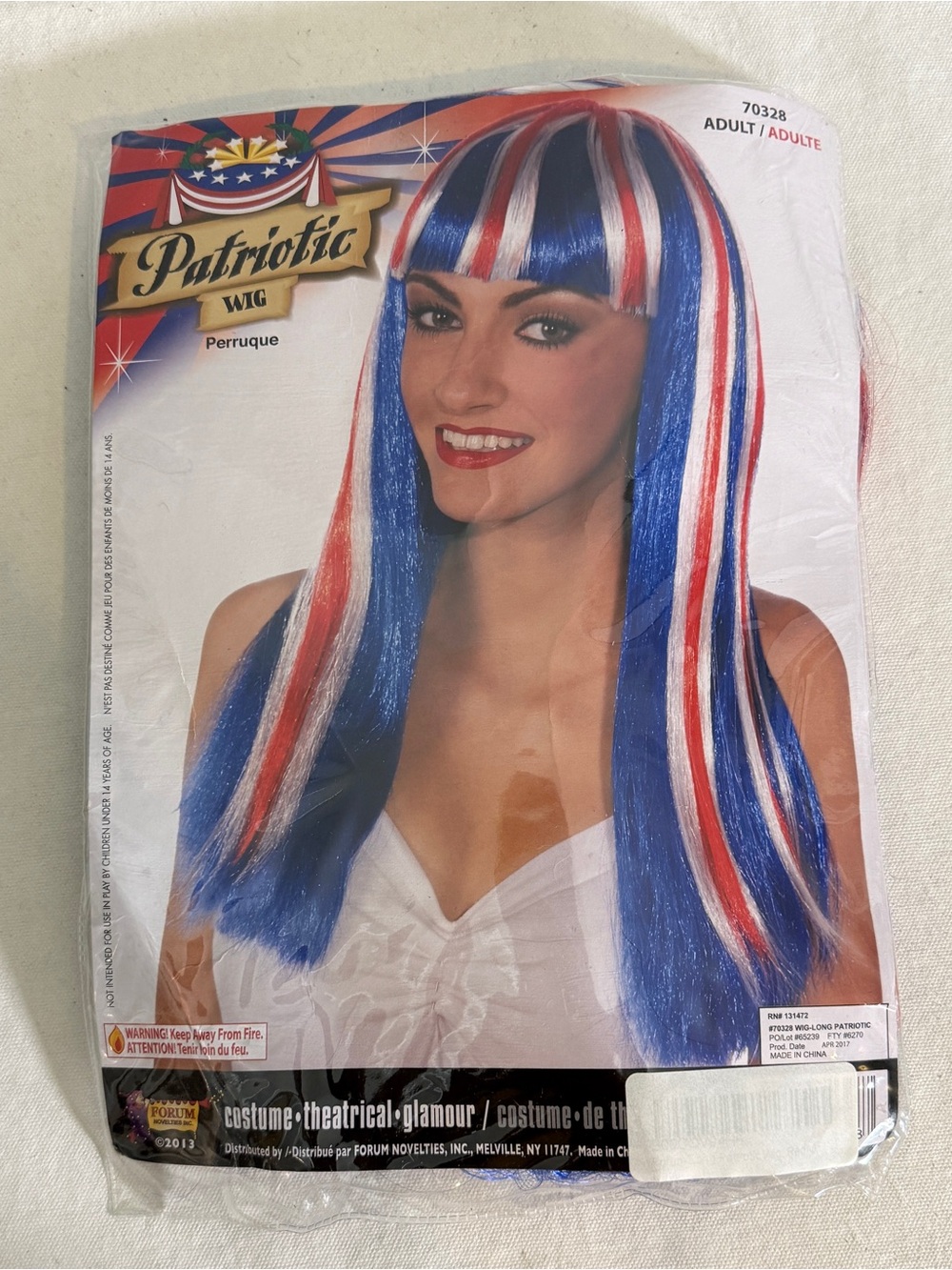 Forum Patriotic Wig Red White Blue Long Synthetic With Bangs Patriotic Costume